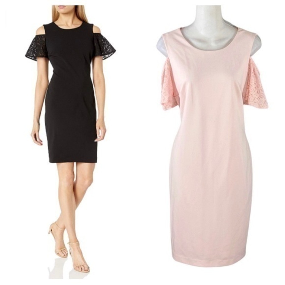 Tommy Hilfiger blush pink crepe stretch lace sleeve cold shoulder sheath dress 8